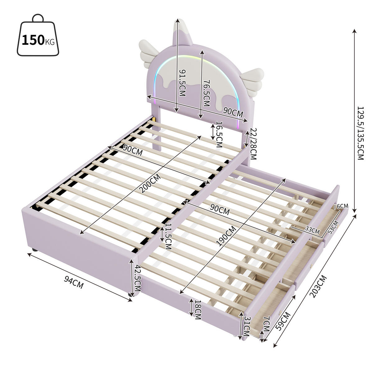 KINDERBETT 90/200 cm Einhornform Violett mit ausziehbarem Rollbett - Violett, Kunststoff (90/200cm) - OKWISH