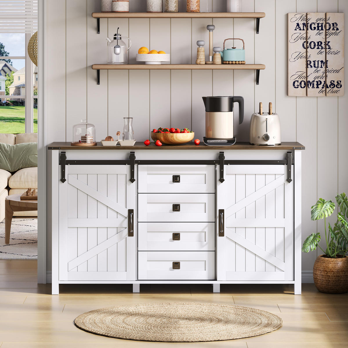 SIDEBOARD 137 cm mit Schiebetüren und 4 Schubladen, Weiß - Weiß, Holzwerkstoff (137/81.5/40cm)