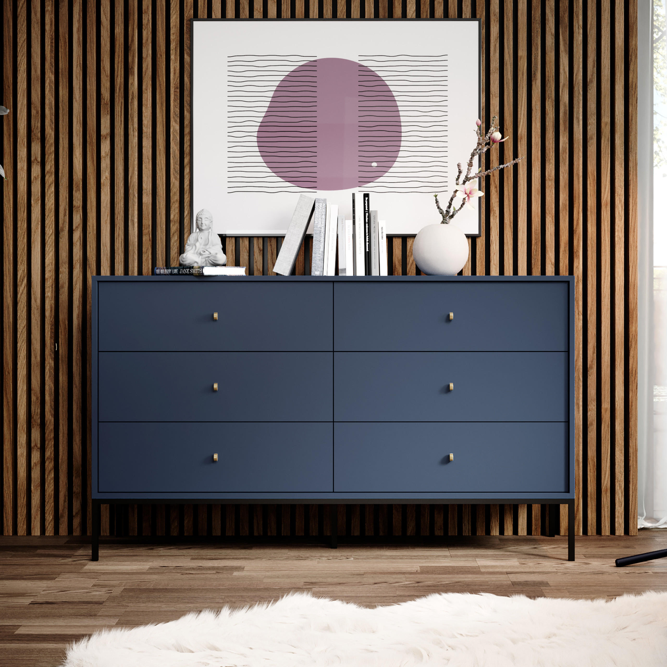 SIDEBOARD MONDO 154/89/39 cm mit 6 Schubladen Blau - Blau, Holzwerkstoff (154/89/39cm) - MASSENO
