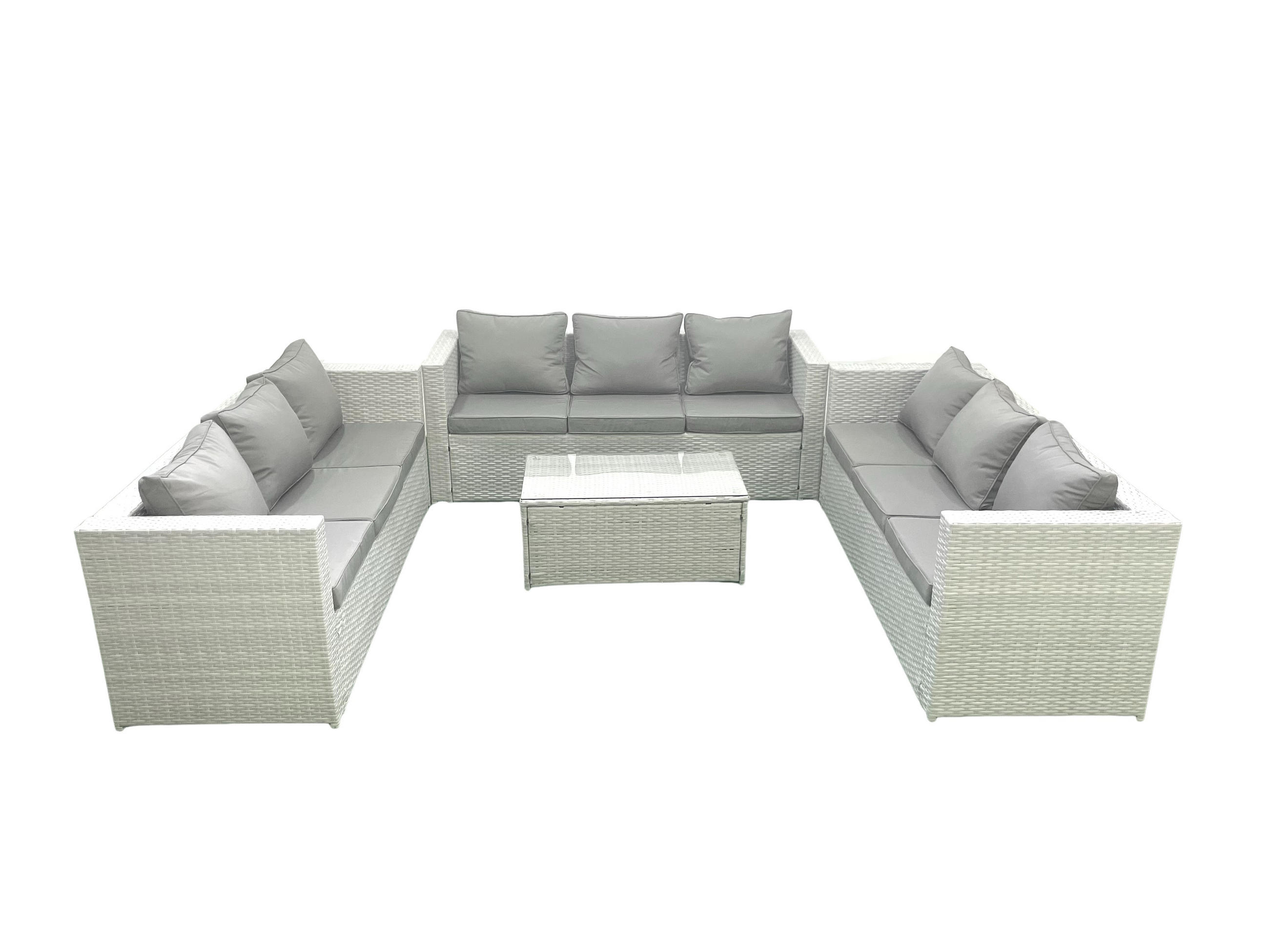 GARTENSET mit 3-SITZER SOFA,COUCHTISCH Polyrattan Hellgrau-Mix 9-Sitzer - Hellgrau/Grau, Glas/Kunststoff - Fimous