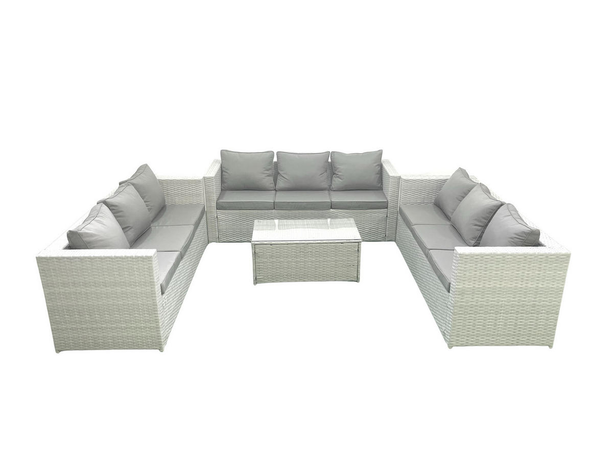 GARTENSET mit 3-SITZER SOFA,COUCHTISCH Polyrattan Hellgrau-Mix 9-Sitzer - Hellgrau/Grau, Glas/Kunststoff - Fimous