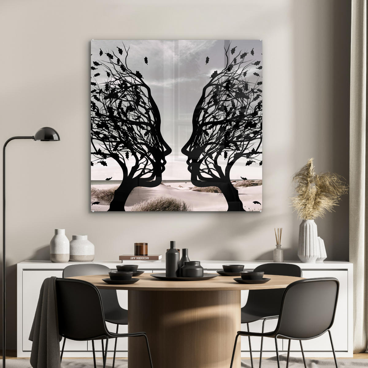 ACRYLGLASBILD Strand - Meer - Menschen - Baum - Moderne Kunst 90x90 cm - Hellgrau, Glas (90/90cm) - MuchoWow