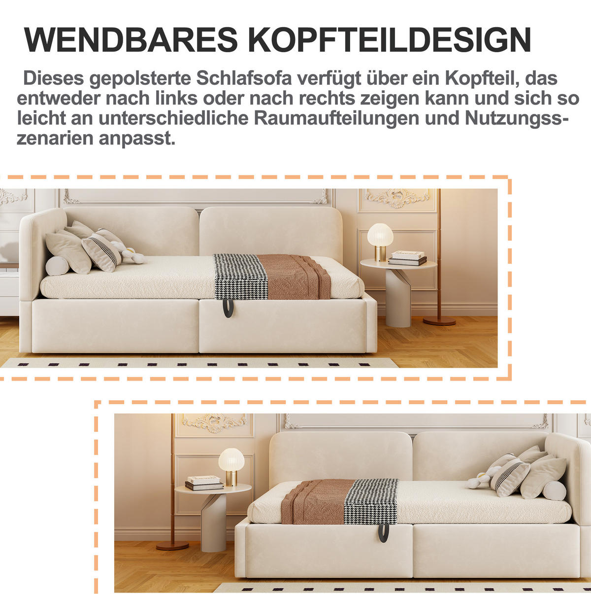 90 x 200 cm Samt-Schlafsofa mit hydraulischem Stauraum, hohem Kopfteil, austauschbarer Rückenlehne, platzsparendes Bett , Beige - Beige, Textil/Metall (90/200cm) - Modenvie