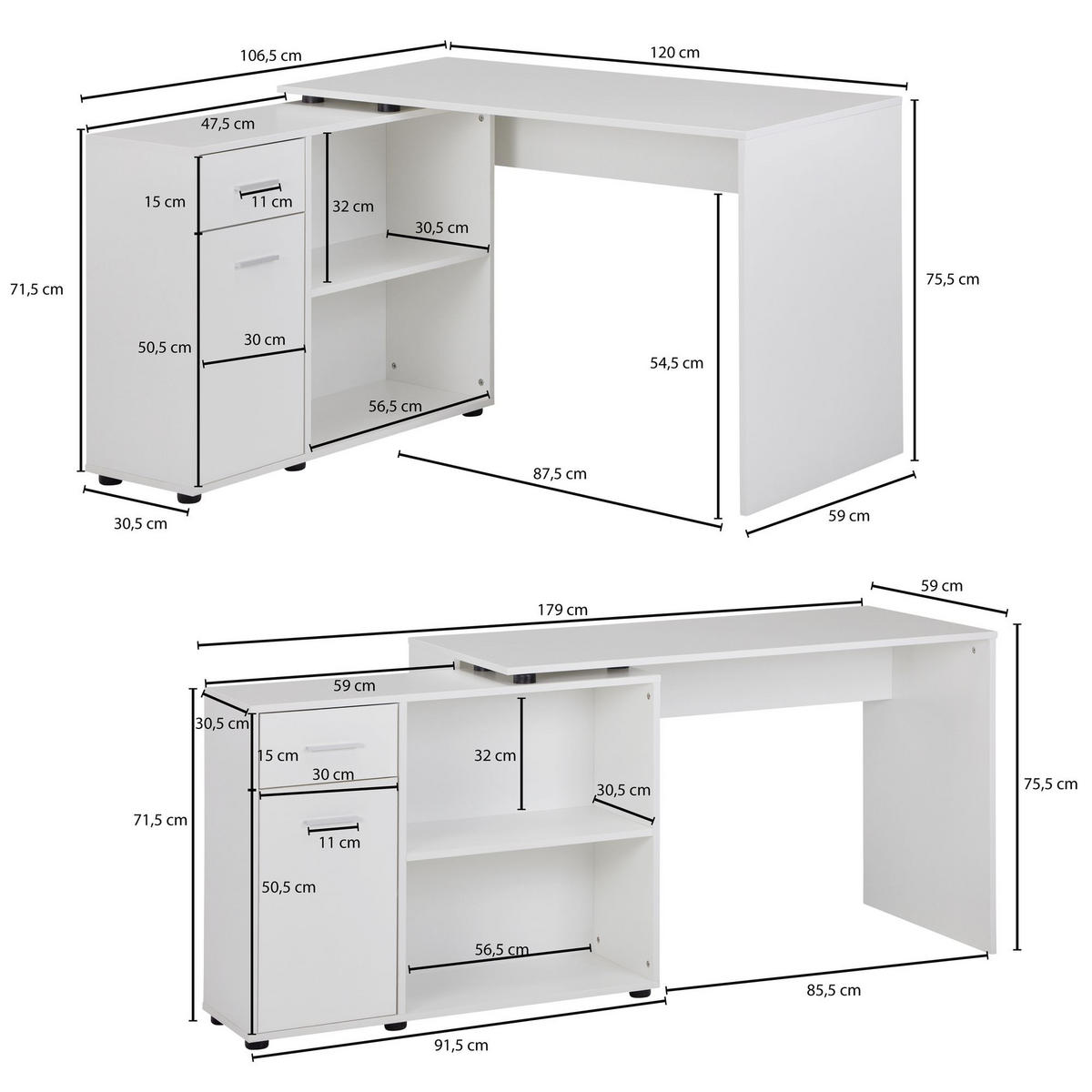 SCHREIBTISCH mit Regalplatte – flexibel aufstellbar, melaminbeschichtet, weiß, 120x107x75 cm - Weiß, Holz/Kunststoff (107/120/75cm) - KADIMA DESIGN
