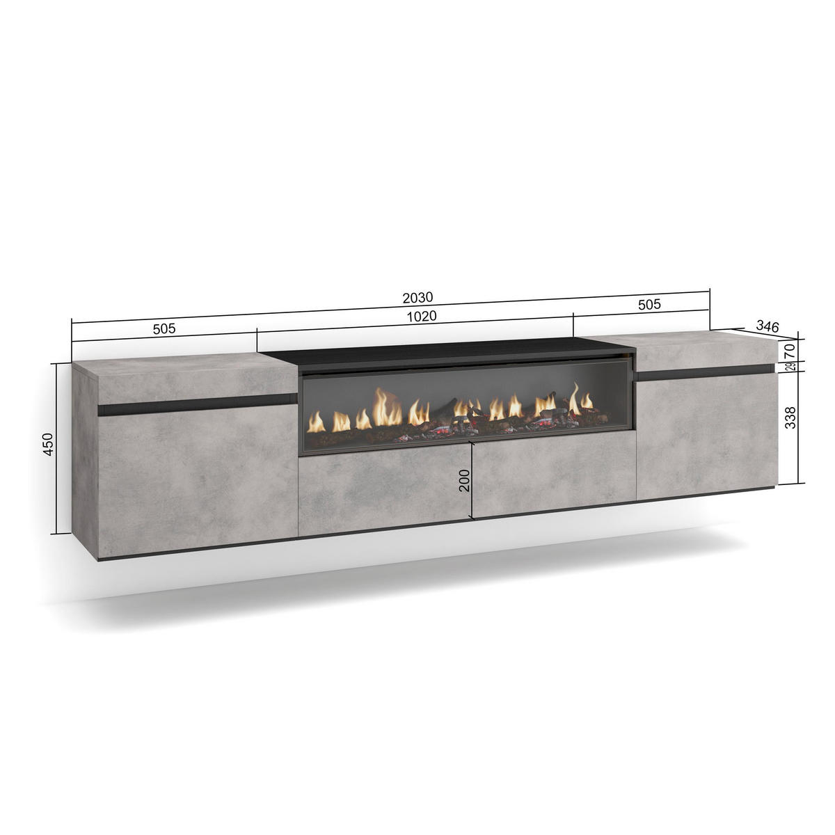 TV-SCHRANK zementgrau, mit Elektrokamin, Hängend, 200/35/45cm - Hellgrau/Grau, Holzwerkstoff (200/45/35cm) - Skraut Home