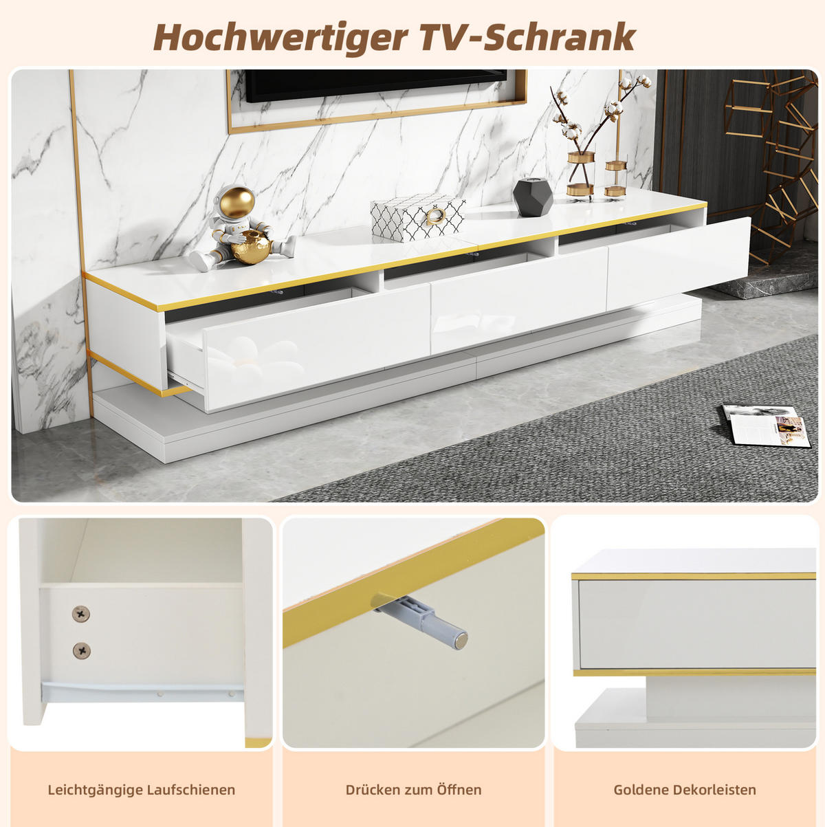 TV-LOWBOARD aus Spanplatte 200x40x40 cm Warmweiß mit Goldrand, 3 Schubladen und offenen Fächern - Weiß, Holzwerkstoff (200/40/40cm) - IVMEU