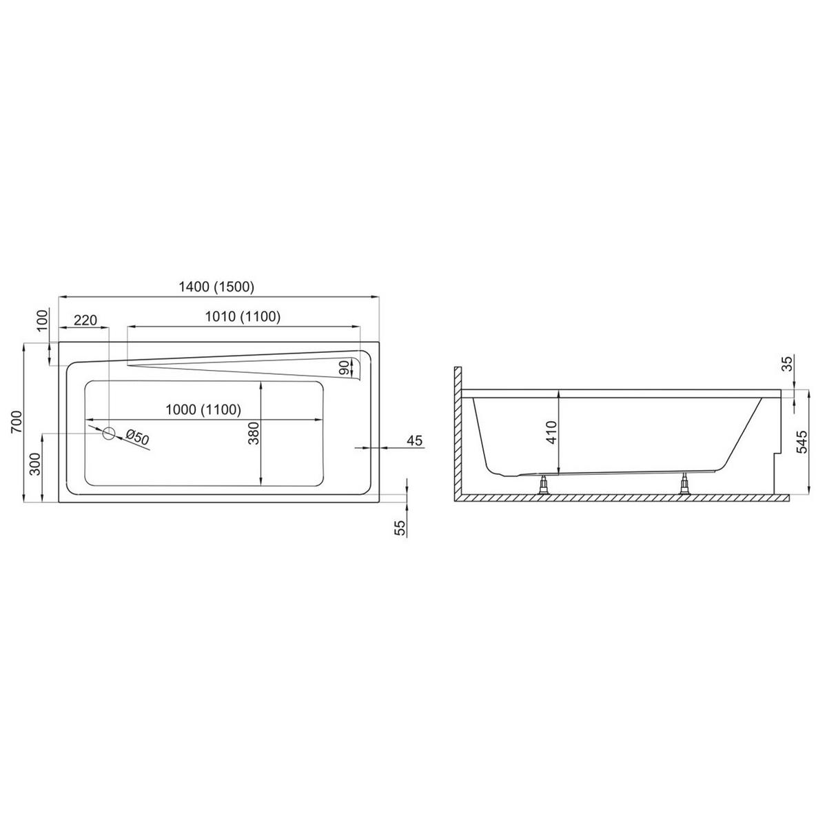 BADEWANNE Rechteck ELZA 140/70 mit Schürze Ablauf Füße - Weiß, Kunststoff (70/54.5/140cm) - bad land