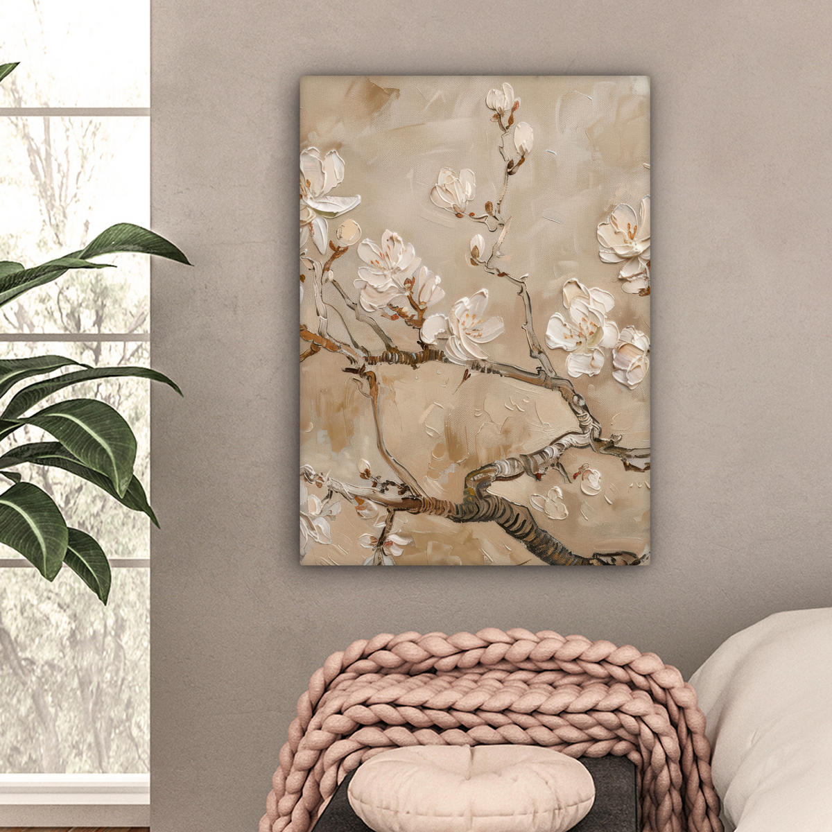 LEINWANDBILD - Blumen - Modern - Beige - Weiß - Blüte - 60x80 - Gemälde - Beige, Textil (60/80cm) - MuchoWow