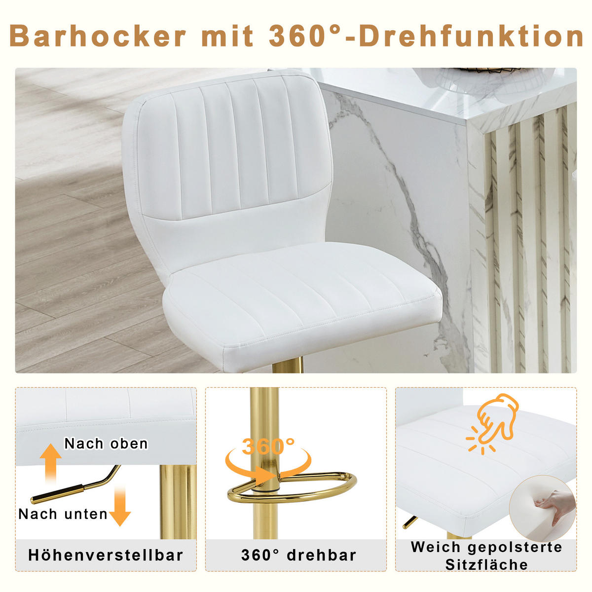 BARSTOL 2-PACK i Konstläder i Vitt och Guld, höj- och sänkbar samt 360° snurrbar - Vit, Läder (52/62/45cm) - Urban Meuble