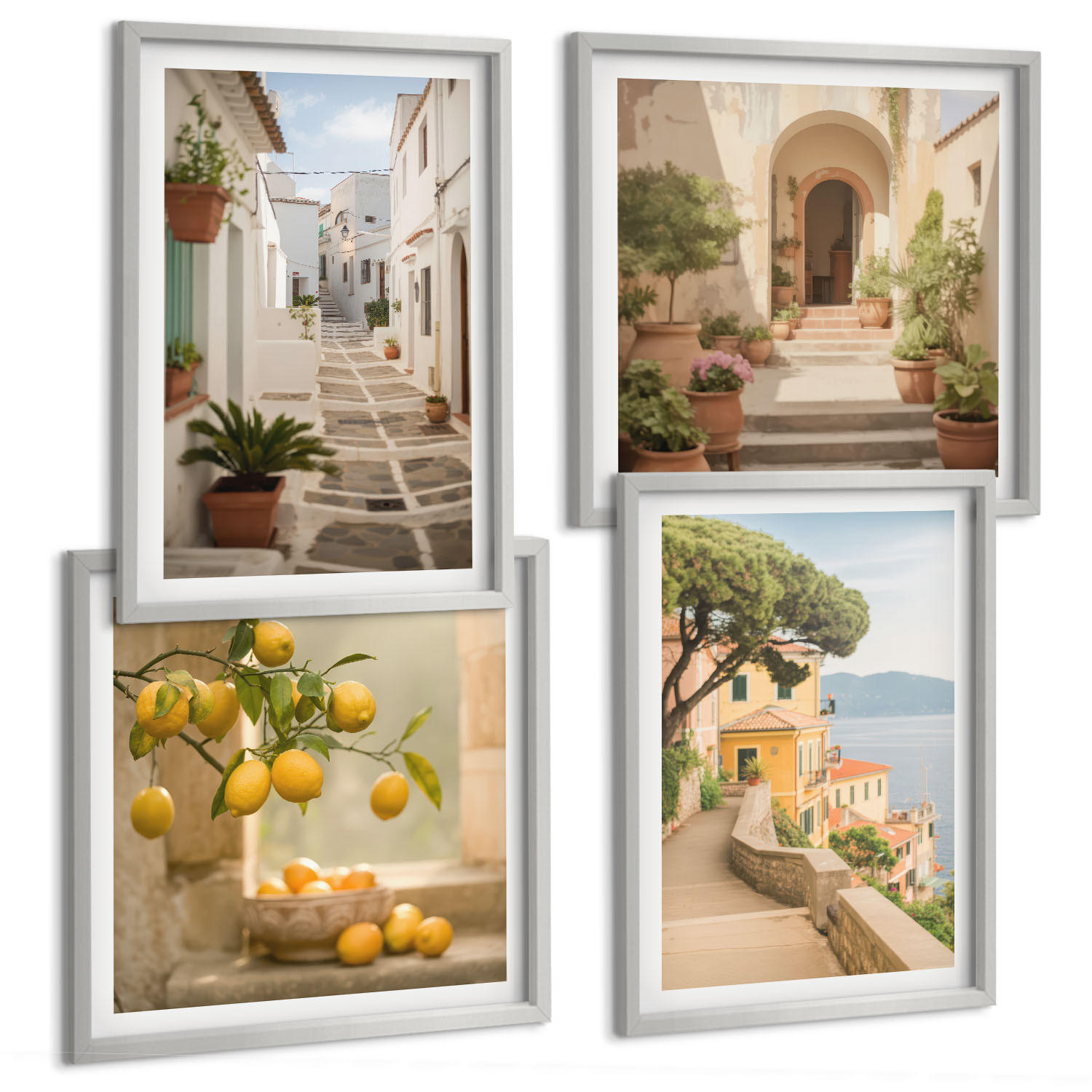 BILDER SET 4er Set - 50x50 cm & 40x60 cm Silberner Rahmen - Zitrusbaum im Fenster am Meer - Silberfarben, Kunststoff (50/50cm) - TULUP