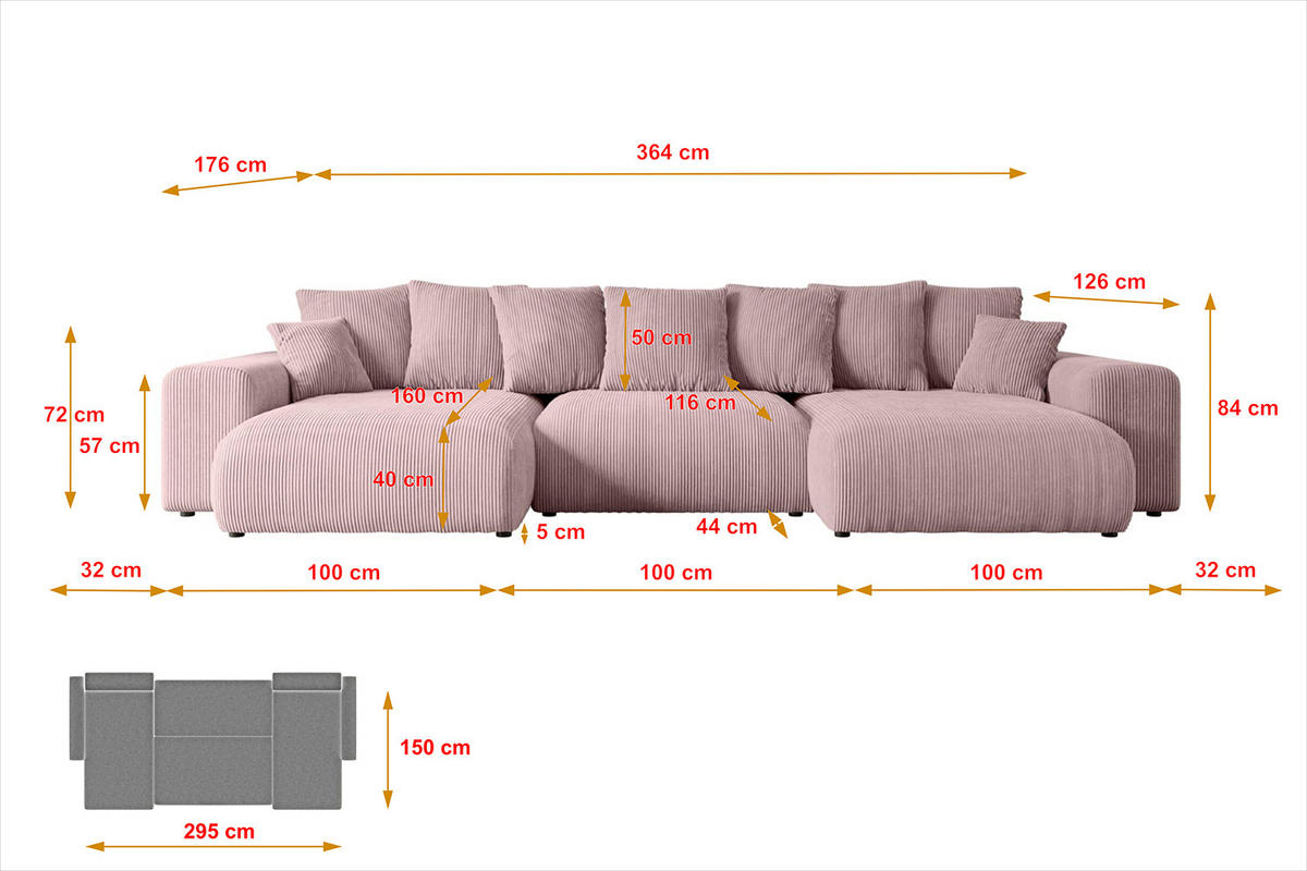 WOHNLANDSCHAFT mit Schlaffunktion ESKAR-U -364x176x84cm Rosa Cord - Schwarz/Rosa, Holzwerkstoff/Kunststoff (364/84/176cm) - ALTDECOR