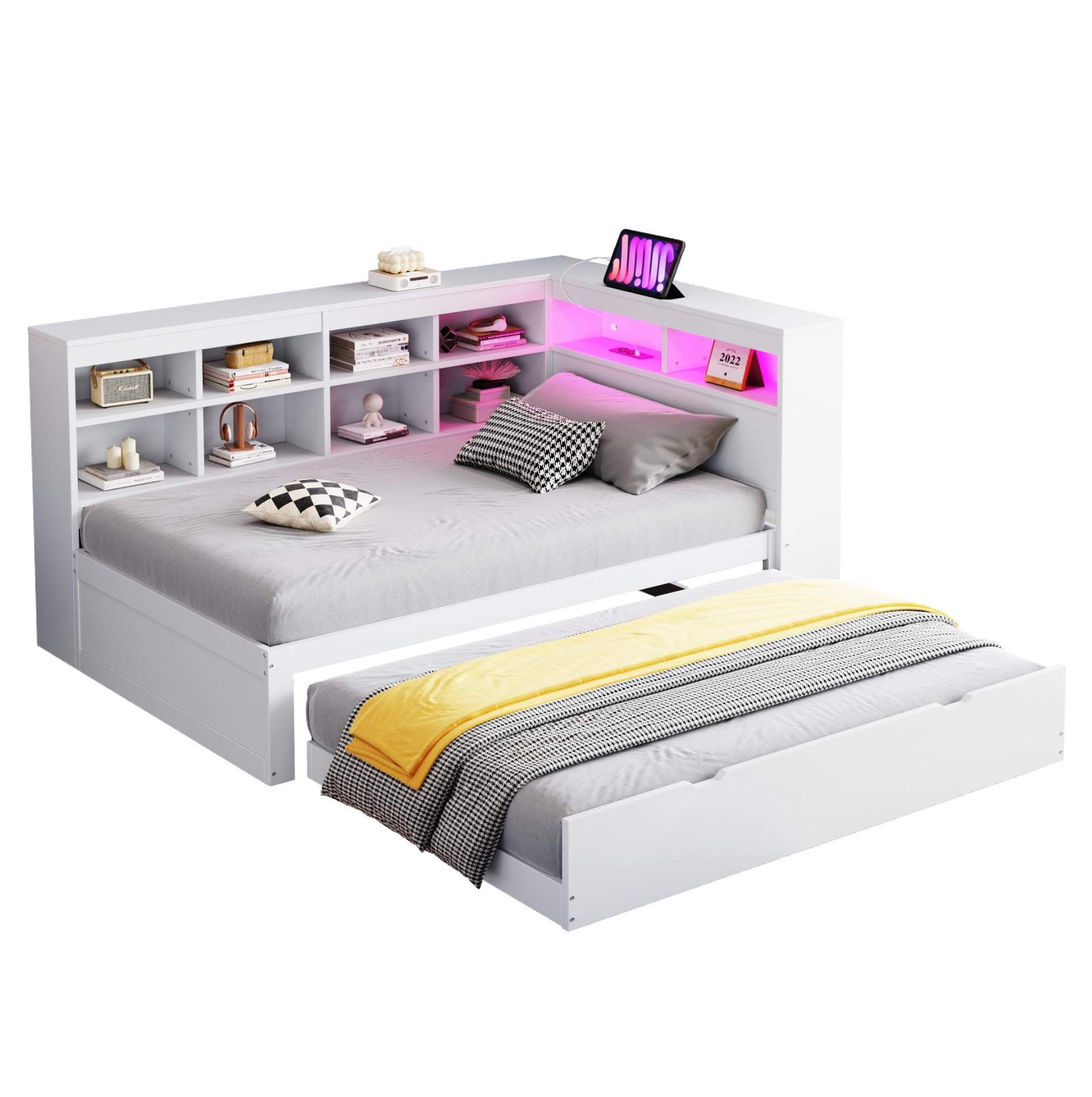 BETT 90x200 cm Weiß mit Ausziehbett, USB-Steckdose, LED-Beleuchtung und Stauraum - Weiß, Holzwerkstoff (90/200cm) - Modfu