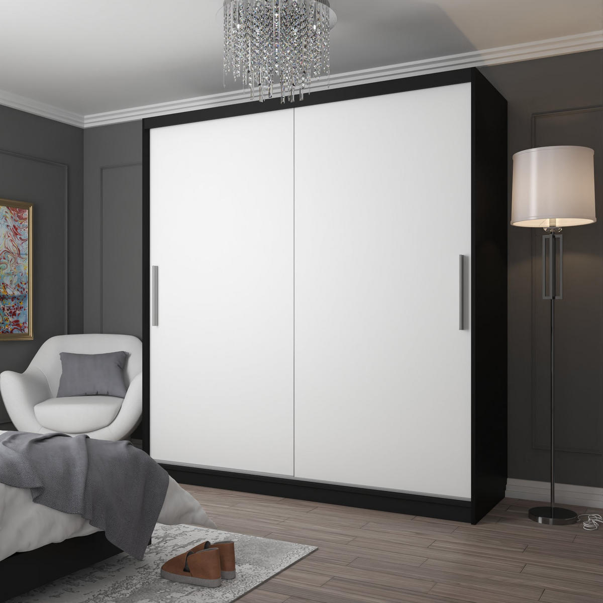 SCHWEBETÜRENSCHRANK Verona SI, Schwarz/Weiß Matt, 200 cm - Weiß, Holz (200/216/60cm) - B BELINI GROUP