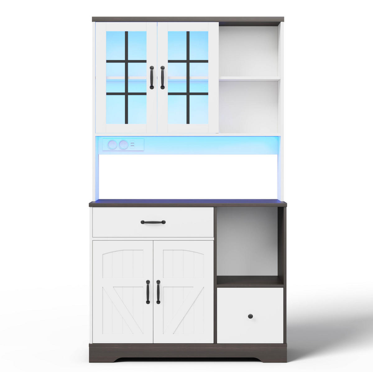 BUFFETSCHRANK aus MDF 105x40x185 cm Natur/Weiß mit LED-Beleuchtung, Steckdosenmodul und verstellbaren Einlegeböden - Naturfarben, Holzwerkstoff (105/185/40cm) - Modfu