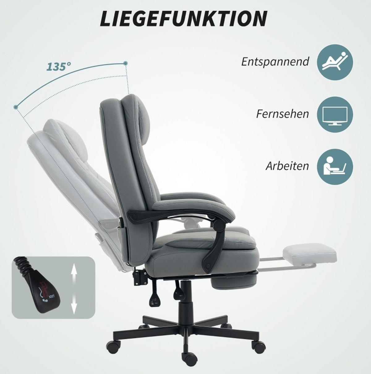 BÜROSTUHL in Grau 64x69x120 cm mit Massagefunktion, verstellbarer Rückenlehne und Fußstütze - Grau, Textil (69/120/64cm) - IVMEU