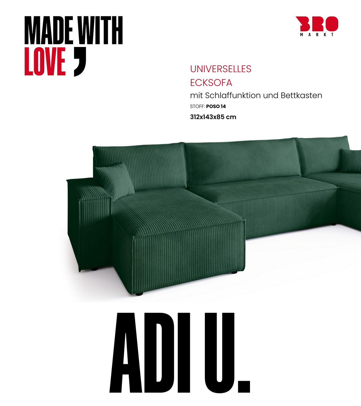 WOHNLANDSCHAFT ADI U mit Schlaffunktion Cordstoff Dunkelgrün - Dunkelgrün, Textil (312/85/143cm) - Bromarkt