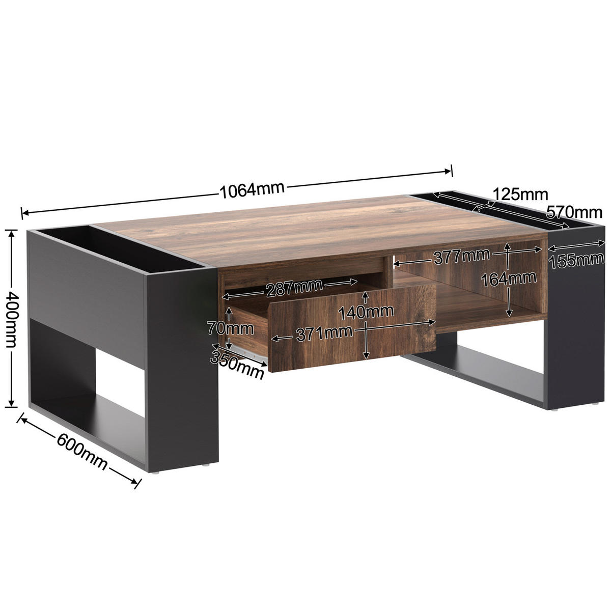 COUCHTISCH Holz Schwarzgrau mit doppelseitigen Ablagefächern - Cognac, Metall (106/57/40cm)