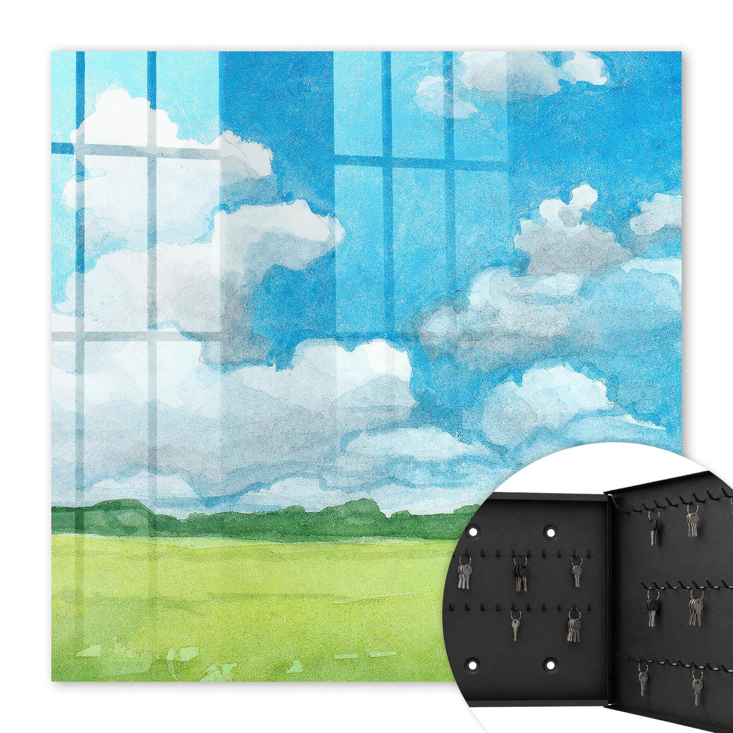 SCHLÜSSELBOX Schwarz 30x30 cm- Türöffnung nach rechts - Sommerlandschaft - Blau, Metall (30/30/5cm) - TULUP