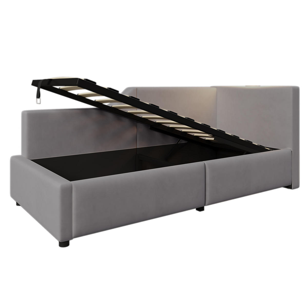 TAGESBETT 90/190 cm Grau mit hydraulischem Stauraum und USB-C-Ladefunktion - Grau, Textil (90/190cm) - OKWISH