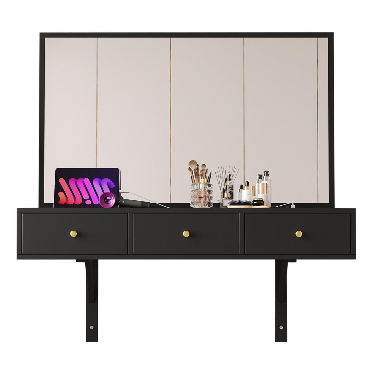 SCHMINKTISCH 100/105/45 cm schwarz mit 3 Schubladen und Steckdosen - Schwarz, Holzwerkstoff (100/105/45cm) - OKWISH