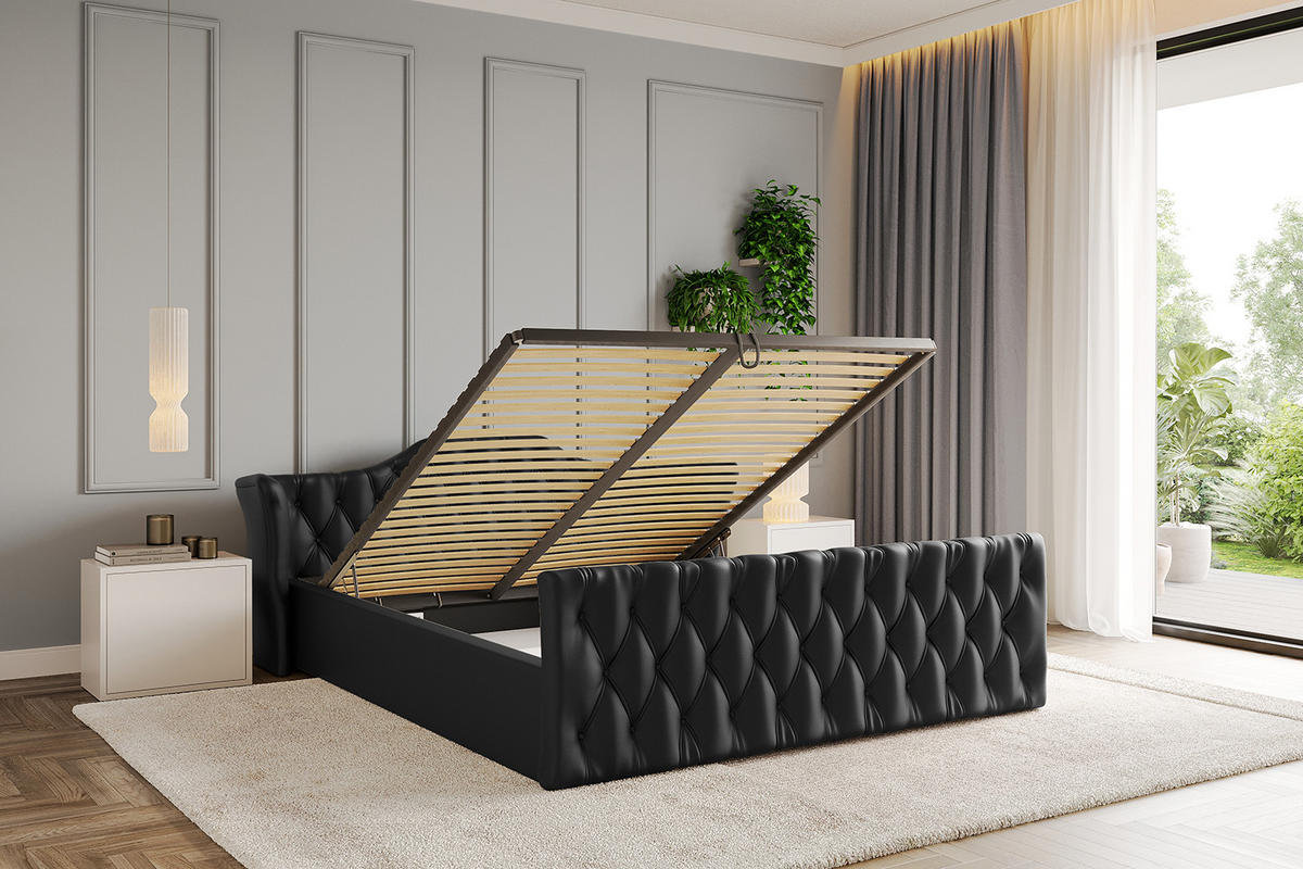 POLSTERBETT mit Bettkasten, Fußteil und Lattenrost, Boxbett ohne Matratze - ZORAN-Z-V1 180x200 Schwarz Kunstleder - Schwarz Hochglanz, Holzwerkstoff/Textil (180/200cm) - ALTDECOR