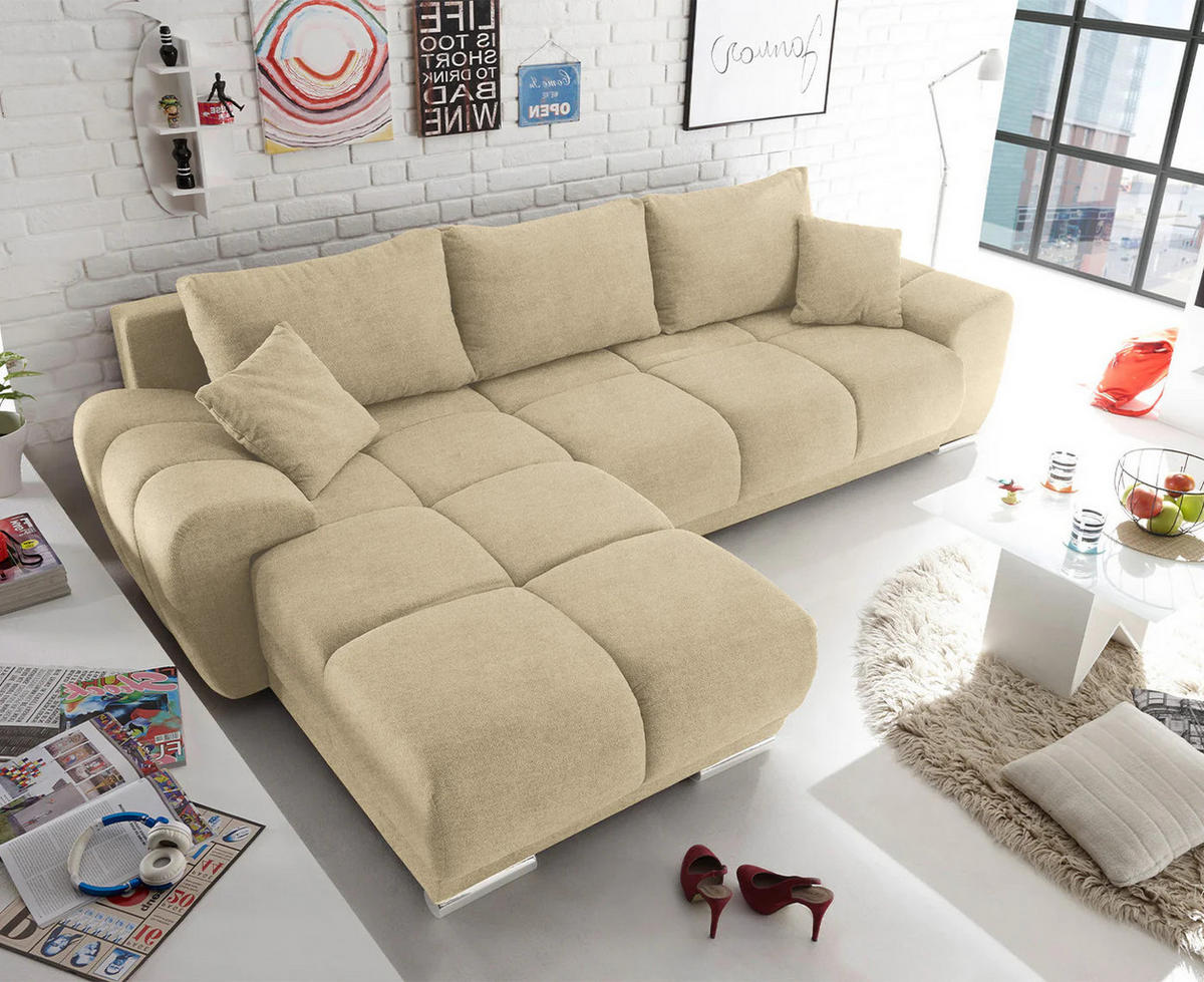 ECKSOFA beidseitig montierbar, Schlaffunktion mit Bettkasten - Chromfarben/Beige, Textil (289/189cm) - ed exciting design