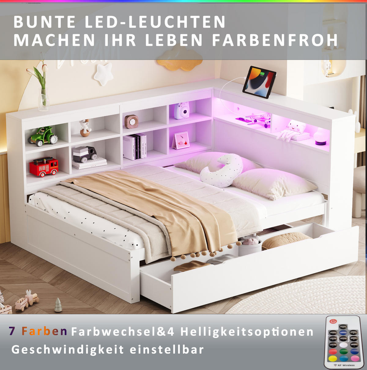 BETT 140/200 cm mit Kopfteil aus Massivholz – mit Stauraum und USB - Weiß, Holz (140/200cm) - BEAOK