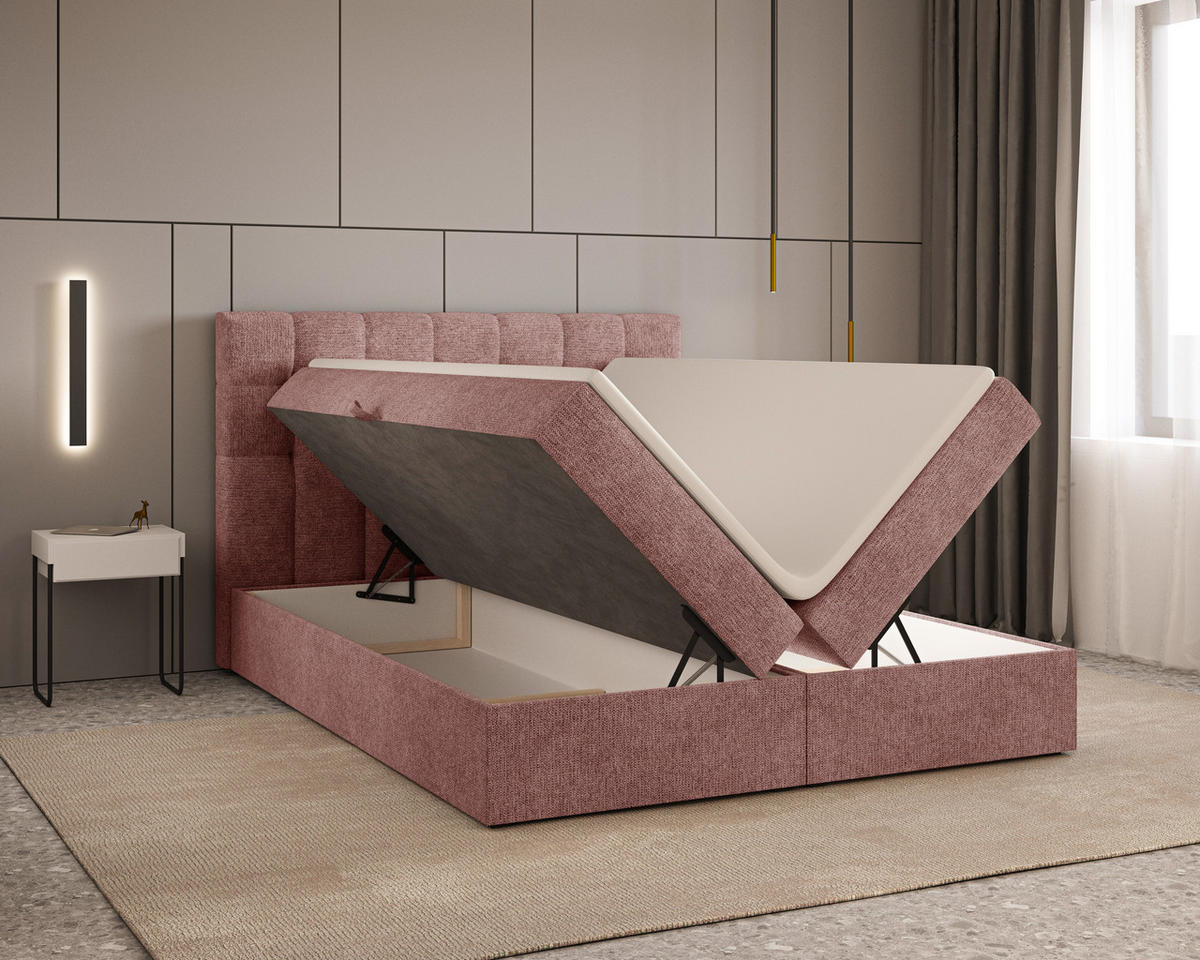 BOXBETT - Bett 05 OSLO - Aragon - 140x200 cm - mit Bettkasten und Komfort-Topper - Rosa, Holz (140/200cm) - ROYAL24_MARKT