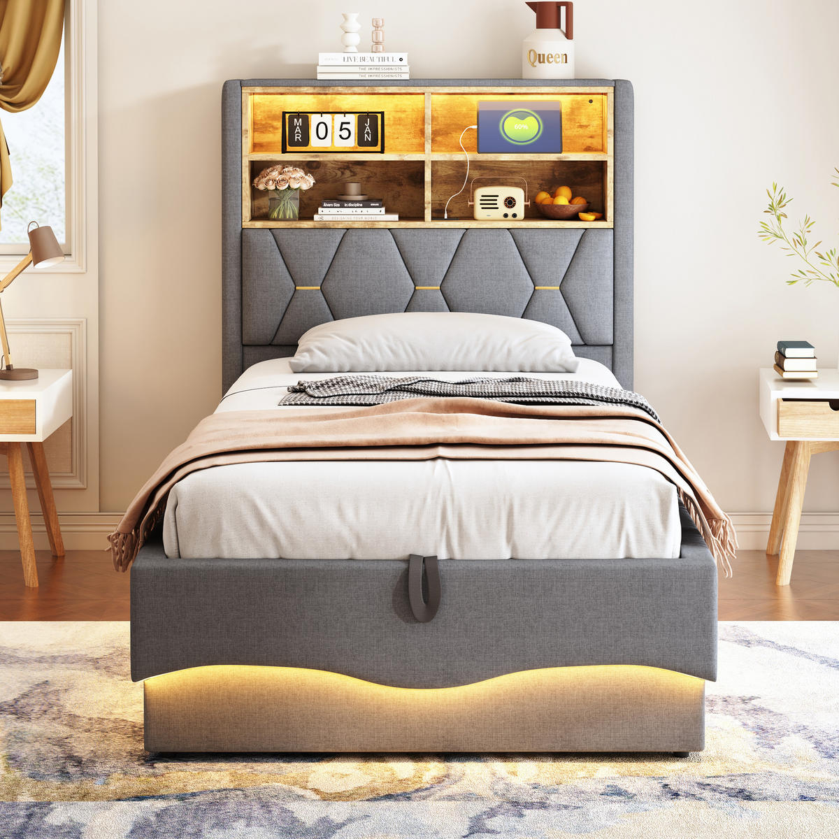 POLSTERBETT aus Leinen und Metall 90x200 cm in Grau mit LED, USB und Stauraum - Grau, Textil (90/200cm) - Modfu