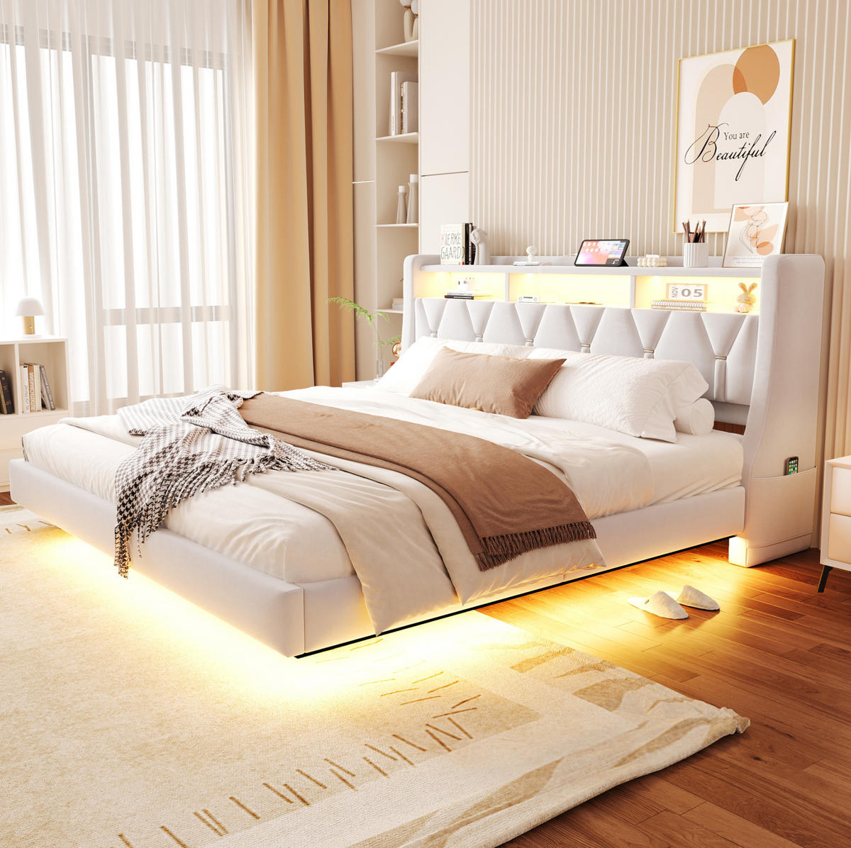 POLSTERBETT 180/200 cm mit klappbarem Kopfteil, LED, USB- und Typ-C-Anschluss, Stauraum, Samt, Beige - Beige, Textil (180/200cm) - Redom