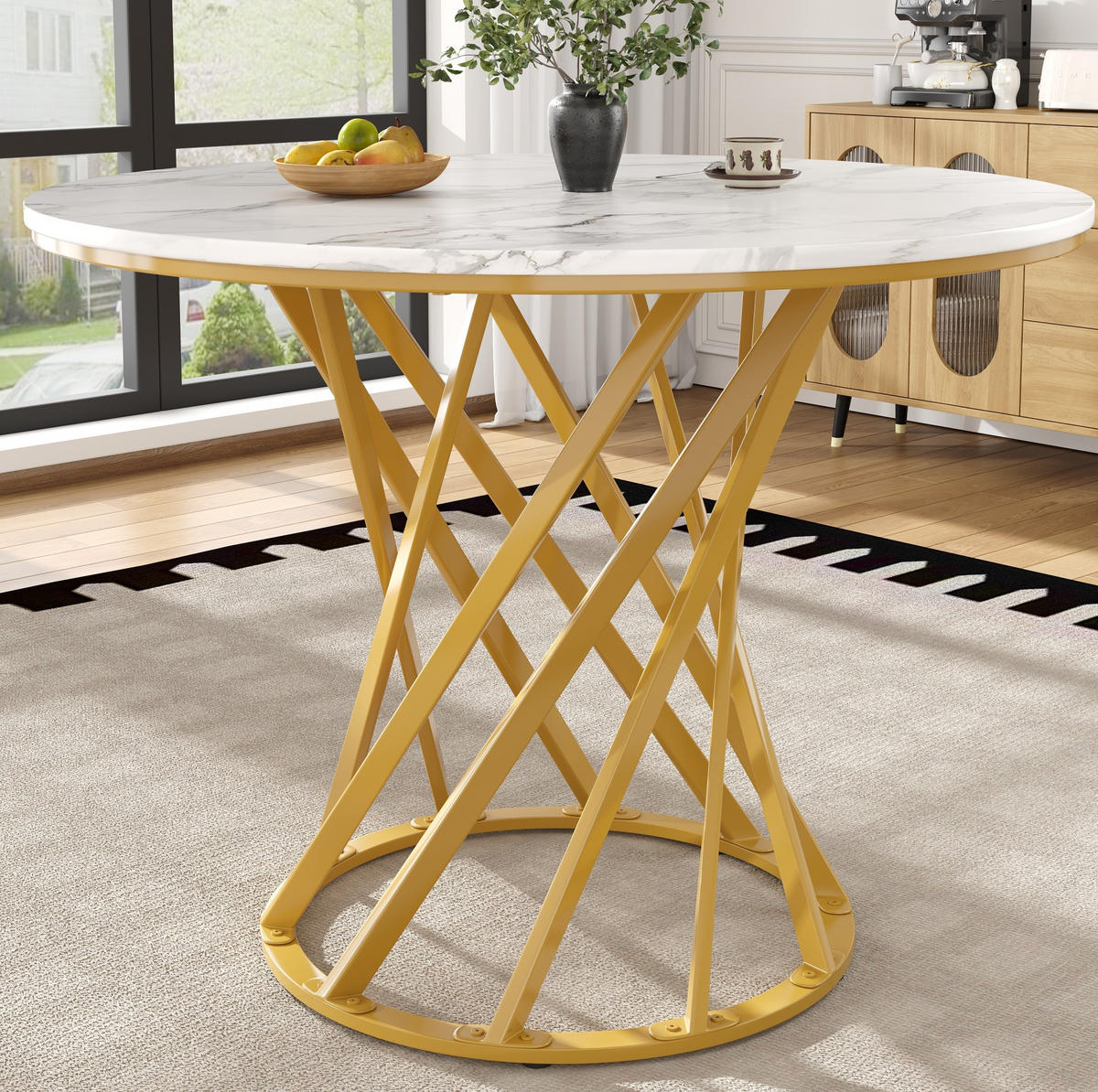 ESSTISCH 80/80/76 cm in Weiß mit Marmoroptik und goldfarbenem Metallgestell - Goldfarben, Holzwerkstoff (80/80/76cm) - Flora Grace