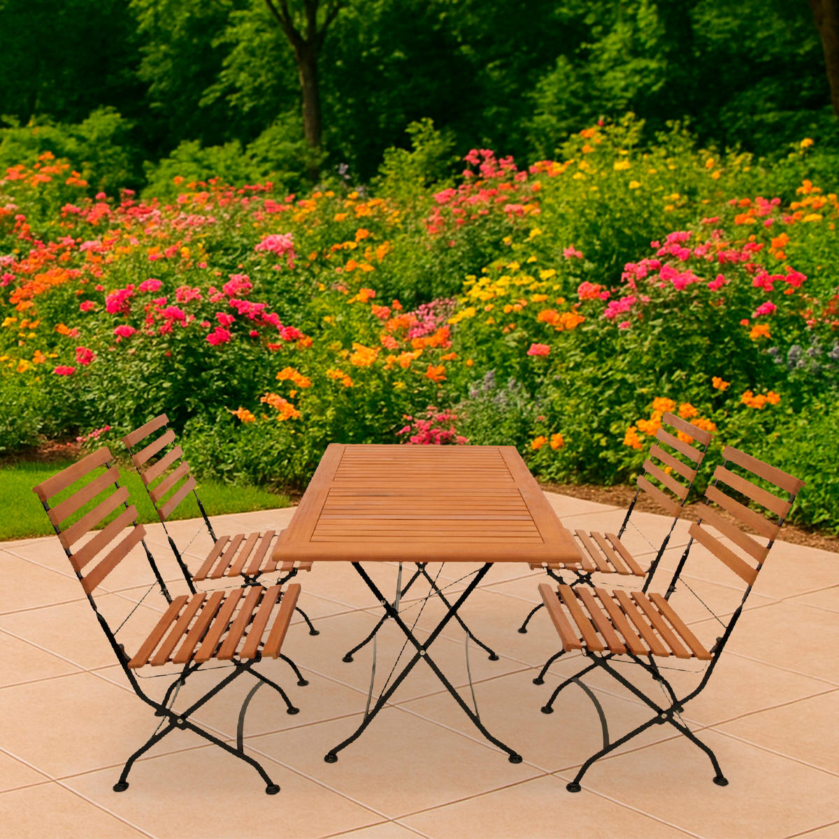 GARTENESSGRUPPE Bad Belzig- 5-teilig (4x Stuhl, 1x Tisch 120x70cm), Gestell Flachstahl schwarz, Latten Eukalyptusholz, FSC®-zertifiziert. - Schwarz, Metall - TPFGarden