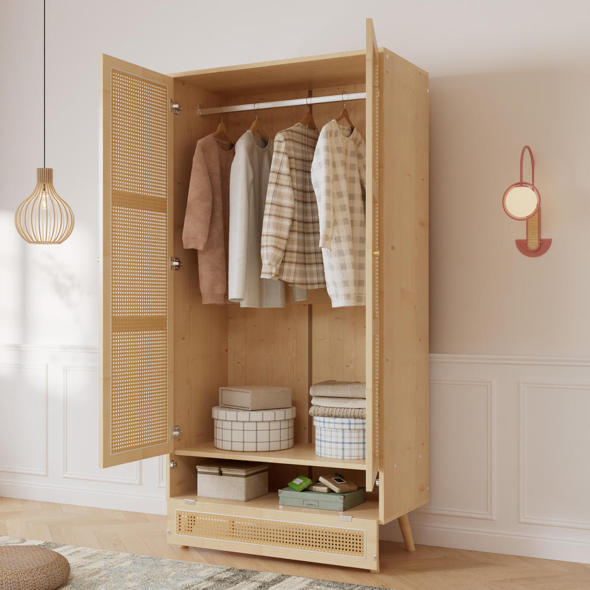 KLEIDERSCHRANK in Naturfarben mit Stange für Schlafzimme und Wohnzimmer, B90/T45/H183 cm - Naturfarben, Holzwerkstoff/Metall (90/183/45cm) - STILVORA