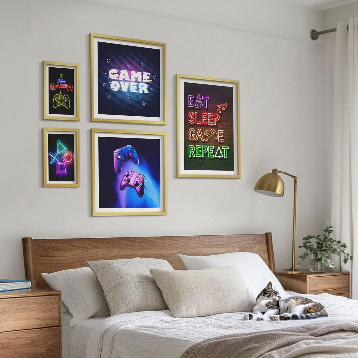 BILDER SET 5er Set - 50x50 cm & 20x30 cm & 40x60 cm Goldrahmen - Gamepads, Spielersymbol-Untertitel - Goldfarben, Kunststoff (40/60cm) - TULUP