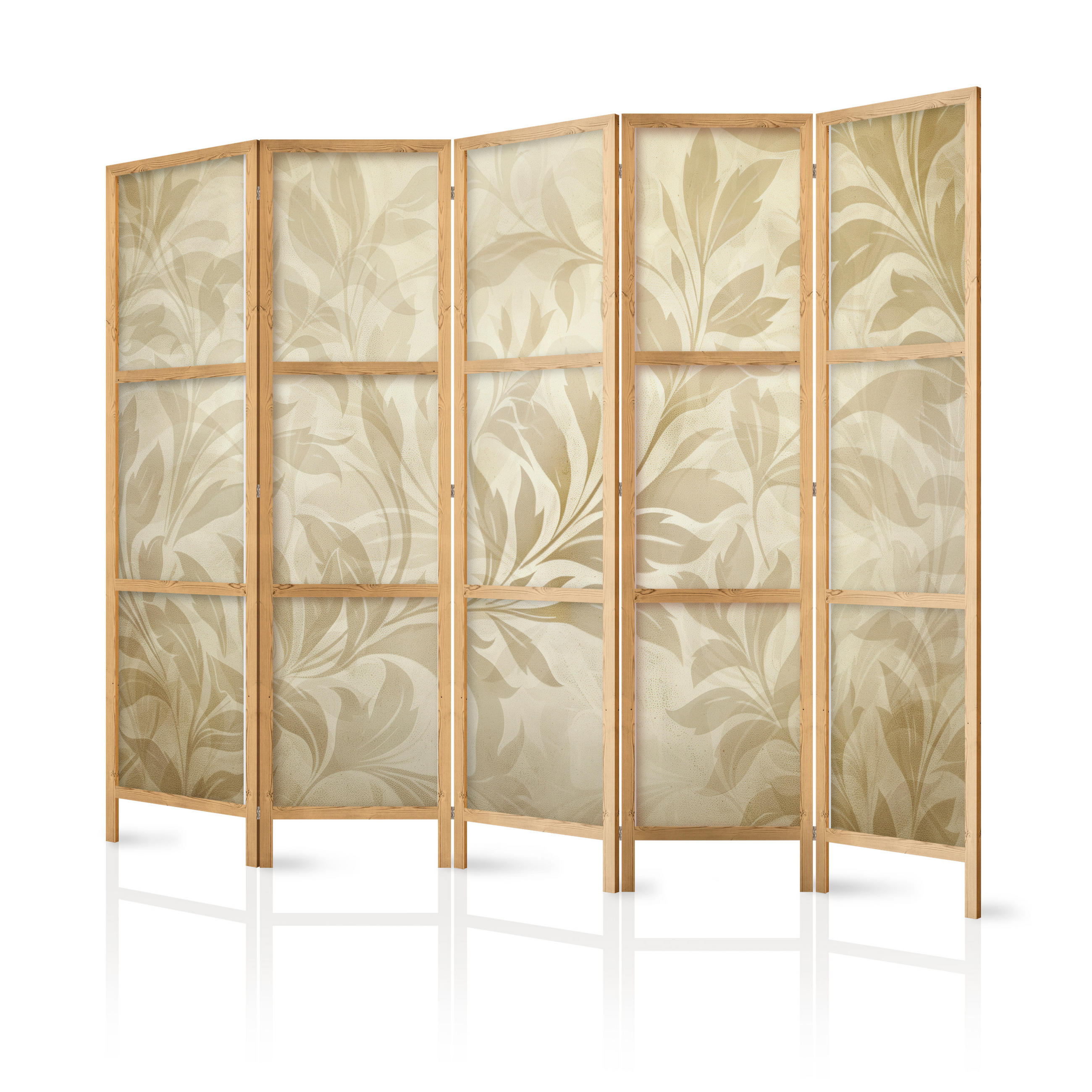 PARAVENT Japanischer 5-tlg 225x172 cm Retro Bl tter - Beige, Holz/Textil (225/172/3cm) - Muralo