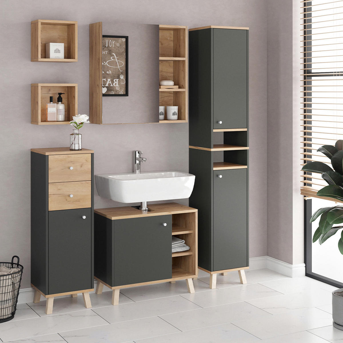 BADMÖBEL-SET Senyo Anthrazit 5 Teile - Honigeiche/Anthrazit, Holzwerkstoff (62/54/32cm) - Vicco