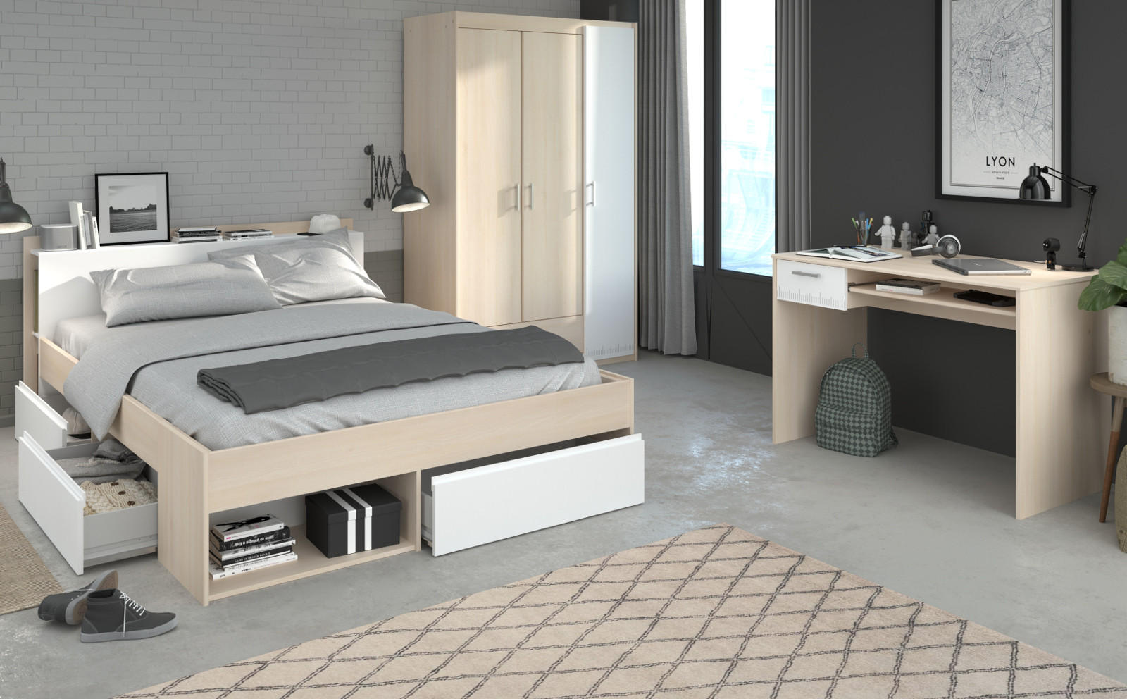 JUGENDZIMMER Set Kleiderschrank Stauraumbett 160 cm Schreibtisch - Silberfarben/Weiß, Holz/Holzwerkstoff (160/179/200cm) - Parisot Meuble
