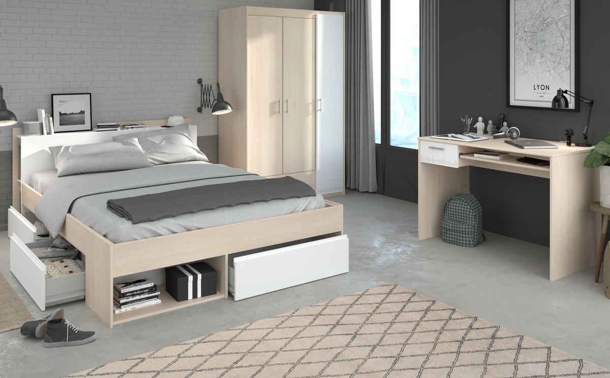 JUGENDZIMMER Set Kleiderschrank Stauraumbett 160 cm Schreibtisch - Silberfarben/Weiß, Holz/Holzwerkstoff (160/179/200cm) - Parisot Meuble