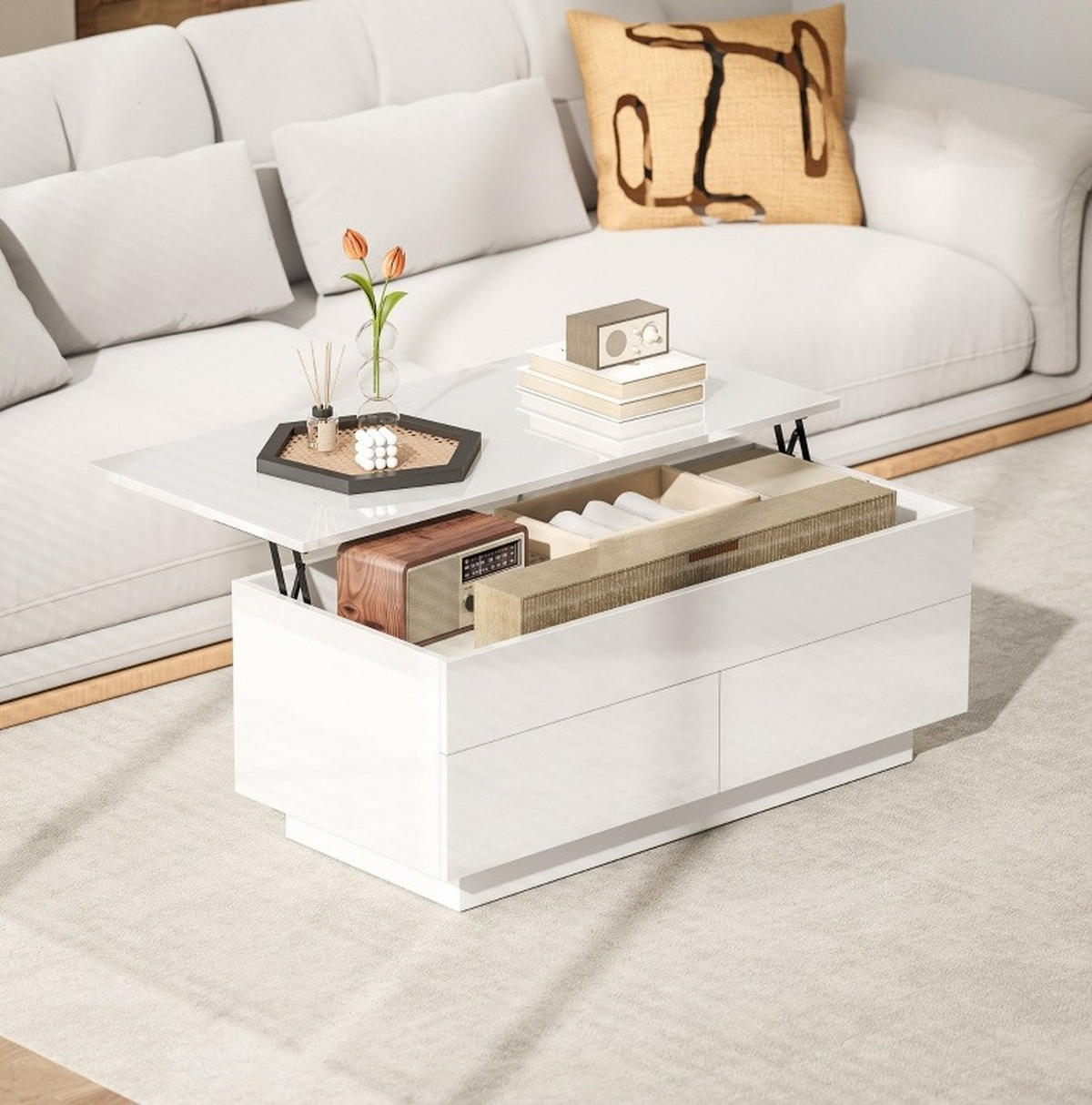 COUCHTISCH 102/48/40 cm in Weiß Hochglanz aus Holz und Metall mit höhenverstellbarer Tischplatte und Stauraum - Weiß, Holz (102/48/54.5cm) - OKMYHOME