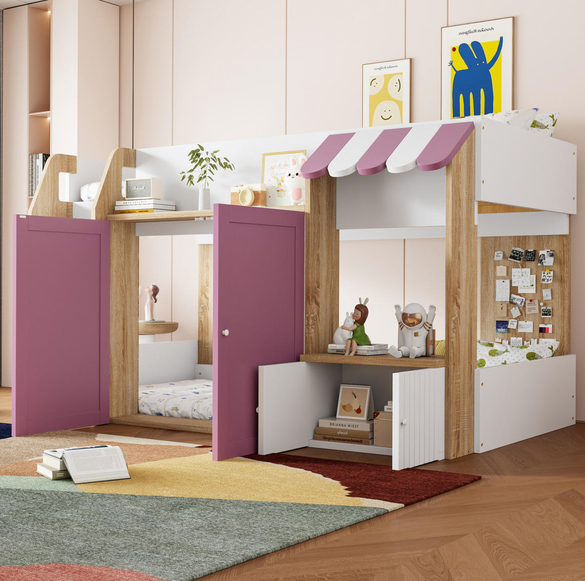 HOCHBETT mit Leiter und Stauraum 90x200 cm Holz Weiß und Rosa - Pink, Holzwerkstoff (90/200cm) - Beauniv