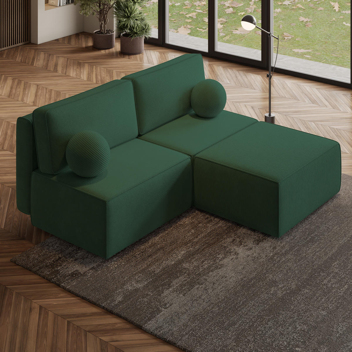 ECKSOFA VARNA P Grün Kordstoff mit Schlaffunktion - Grün, Holz (196/158cm) - MASSENO