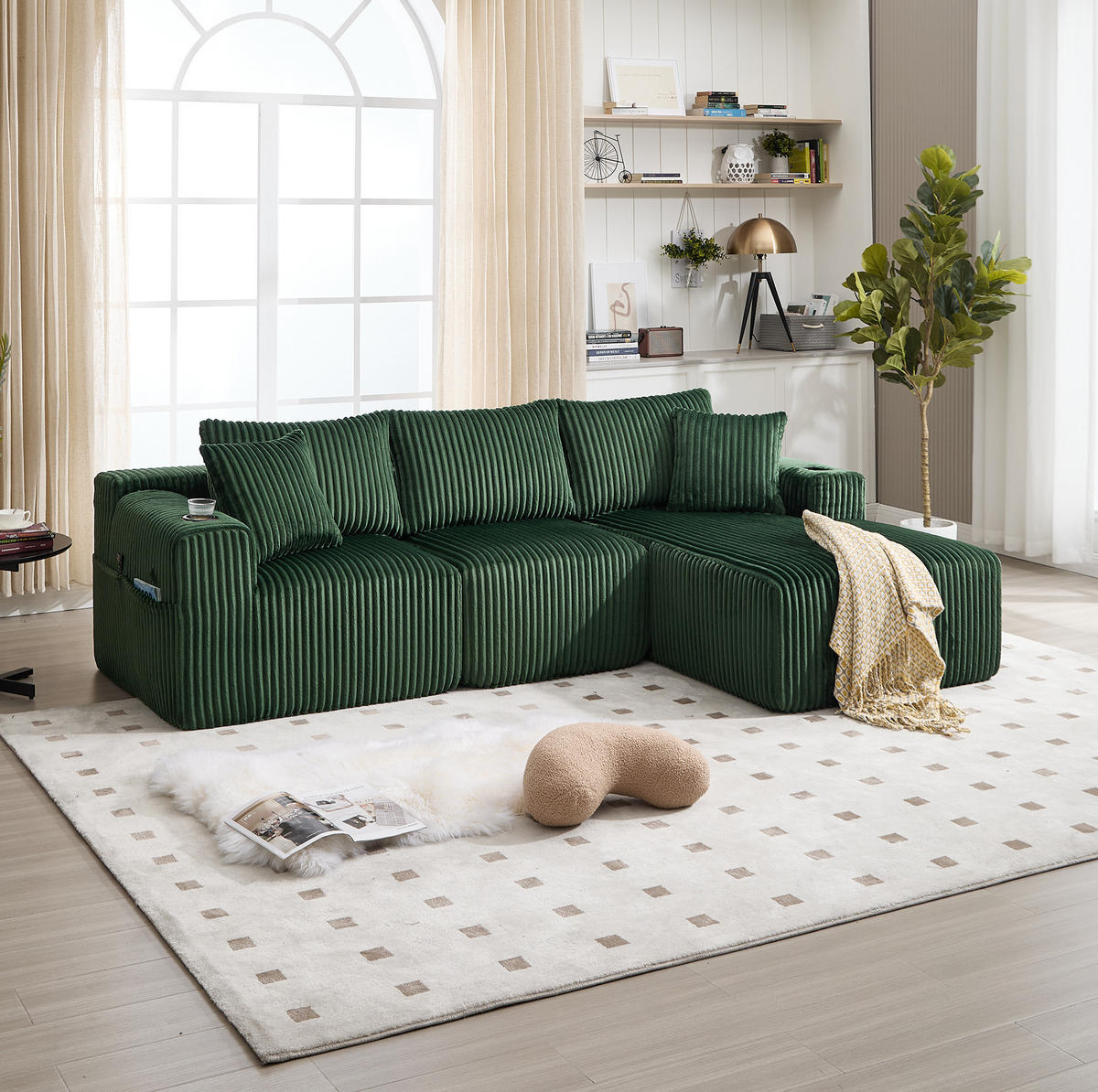 MODULARES Sofa-Set Cord mit Chaiselongue Taschen und Getränkehalter 257/90 160/62 cm Smaragdgrün - Smaragdgrün, Textil (160/257cm) - Redom