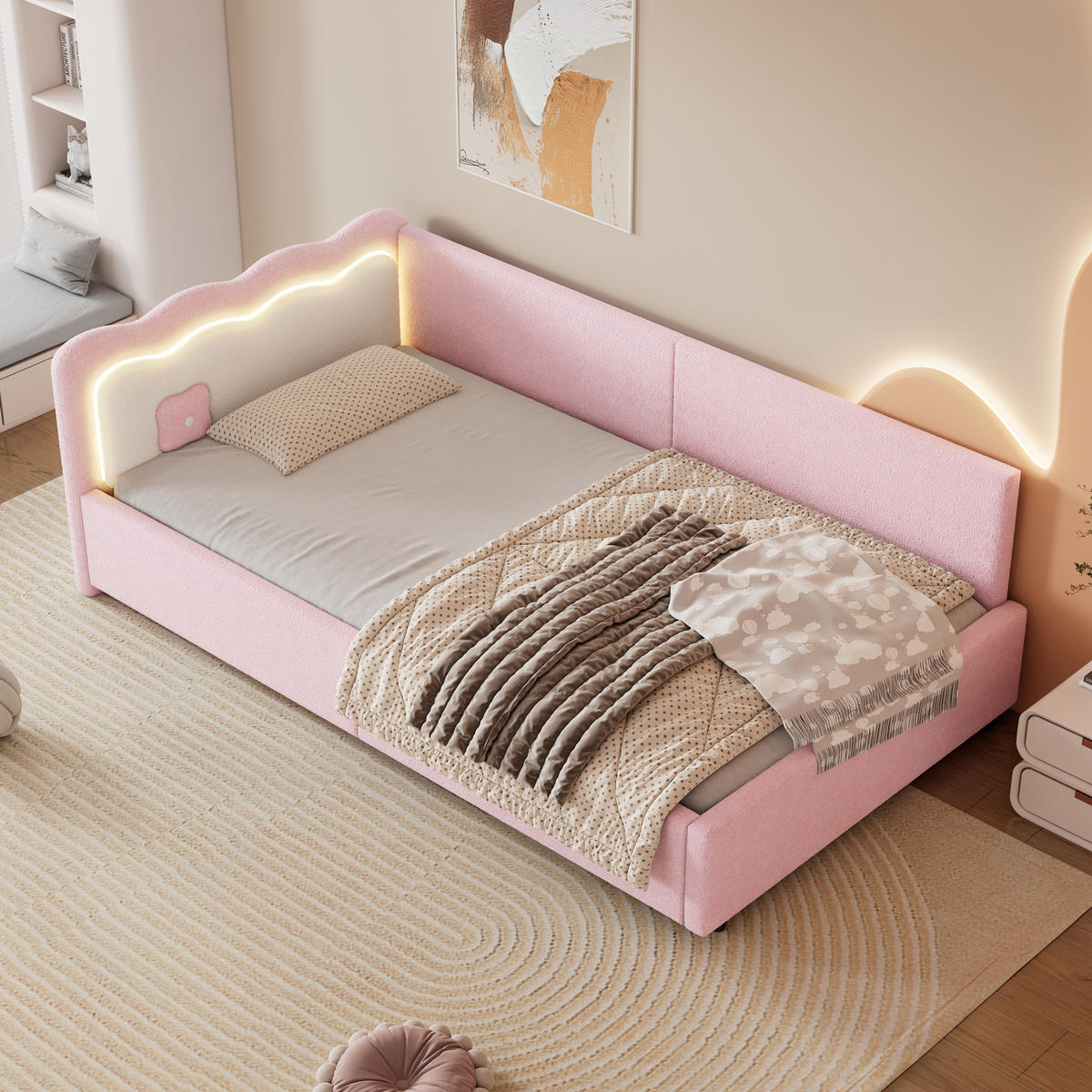 POLSTERBETT aus Samtimitat und MDF 90x200 cm in Rosa mit LED-Beleuchtung - Rosa, Textil (90/200cm) - Modfu
