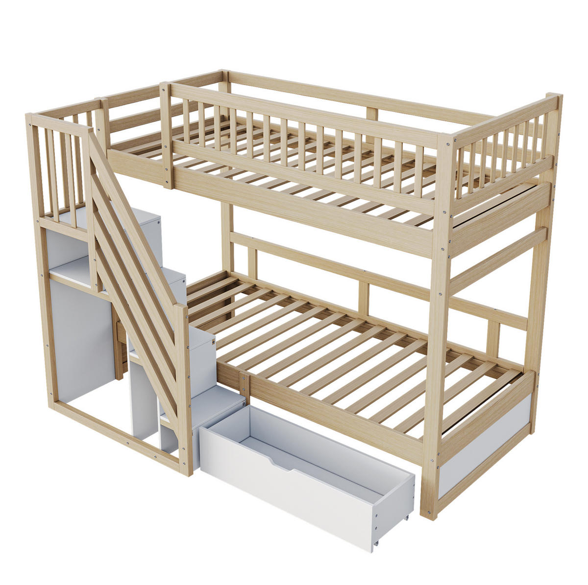 KINDERBETT aus Massivholz 90x200 cm mit Stauraumtreppe & Schublade - Naturfarben, Holz (90/200cm) - Modfu