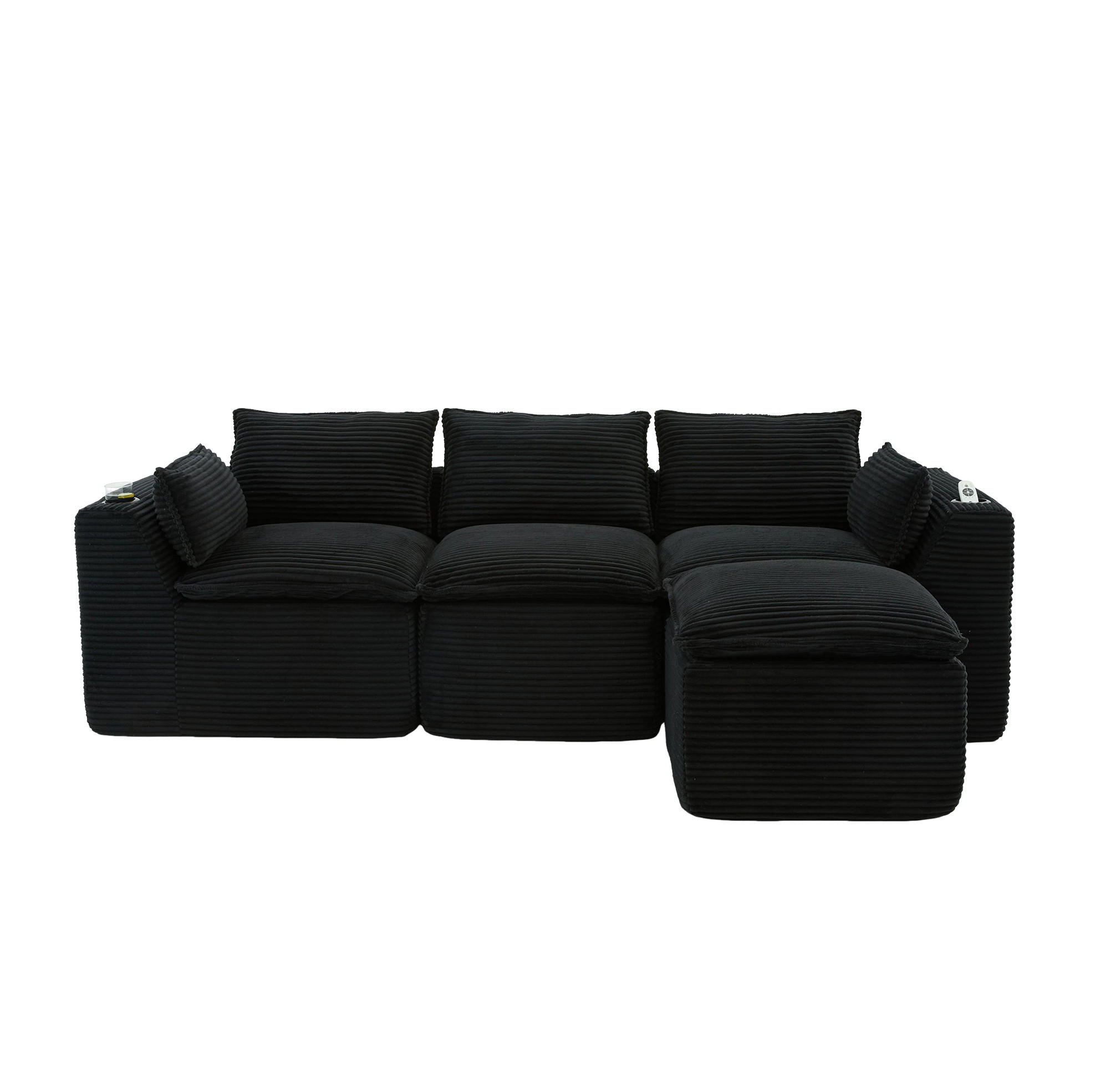ECKSOFA 256/161/75 cm schwarz aus Cord mit Kissen und Seitentaschen - Schwarz, Textil (161/256cm) - OKWISH