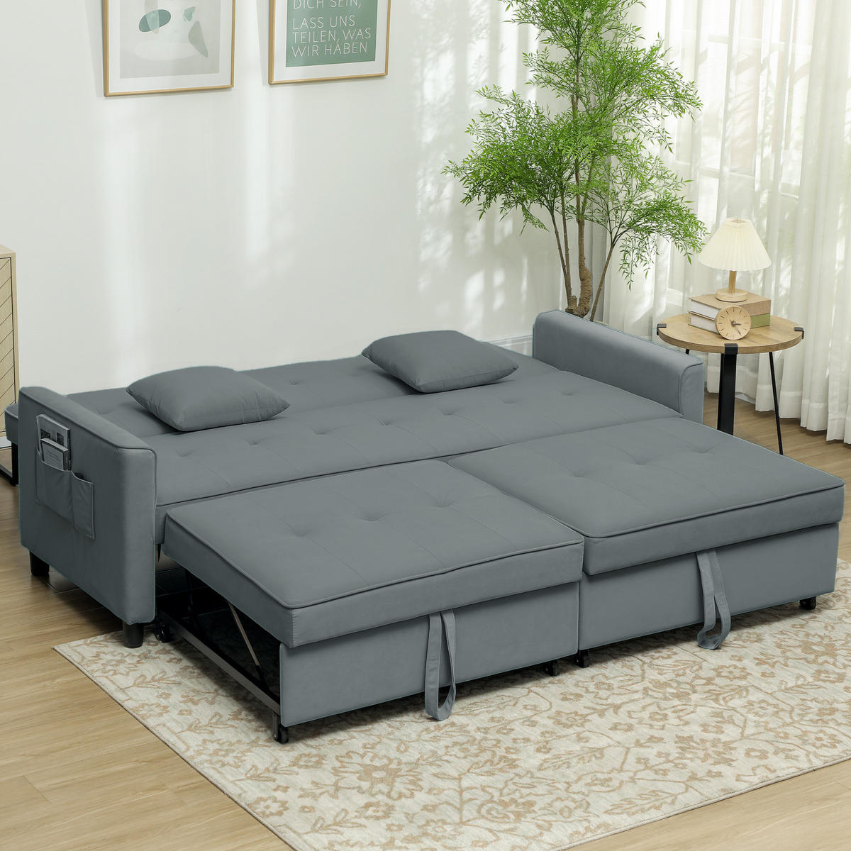 SOFABETT, 3-Sitzer-Couch, Schlafsofa mit ausziehbarem Bett, Grau - Grau, Textil (90/89/196cm) - HOMCOM