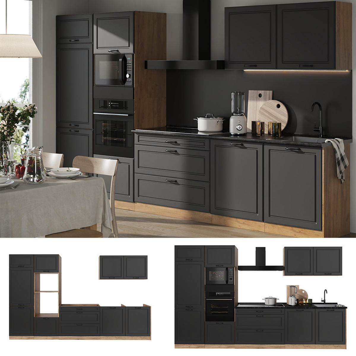 KÜCHENZEILE R-Line, Anthrazit Landhaus/Goldkraft Eiche, 340 cm Arbeitsplatte Goldkraft Eiche - Eichefarben/Anthrazit, Holzwerkstoff (340/206.8/60cm) - Vicco