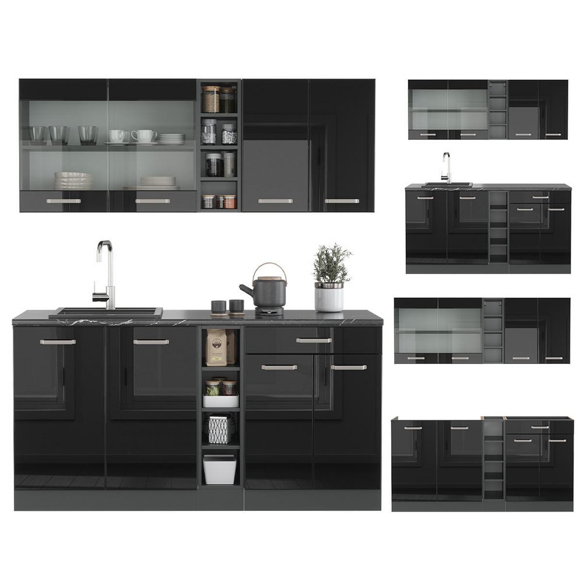 SINGLEKÜCHE R-Line Schwarz Hochglanz/Anthrazit 160 cm ohne AP - Schwarz Hochglanz/Anthrazit, Holzwerkstoff (160/81.6/46cm) - Vicco