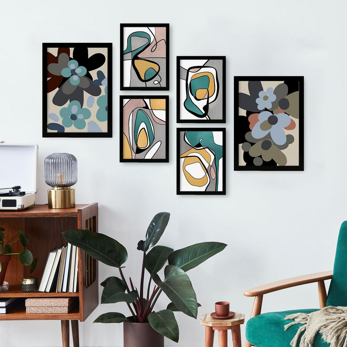 POSTER Set Mit 6 Hodgepodge Blume In Blume Zusammenfassung Ästhetische Dekorative Gemälde Für Ihr Wohnzimmer Zuhause A3 & A4 Schwarzer Rahmen - Schwarz, Papier (29/3cm) - Nacnic
