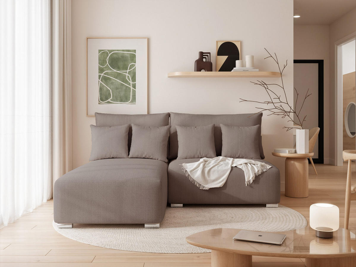 ECKSOFA ELVO mit Schlaffunktion und Bettkasten Dunkelbeige - Taupe, Holzwerkstoff/Kunststoff (208/190cm) - Idohome
